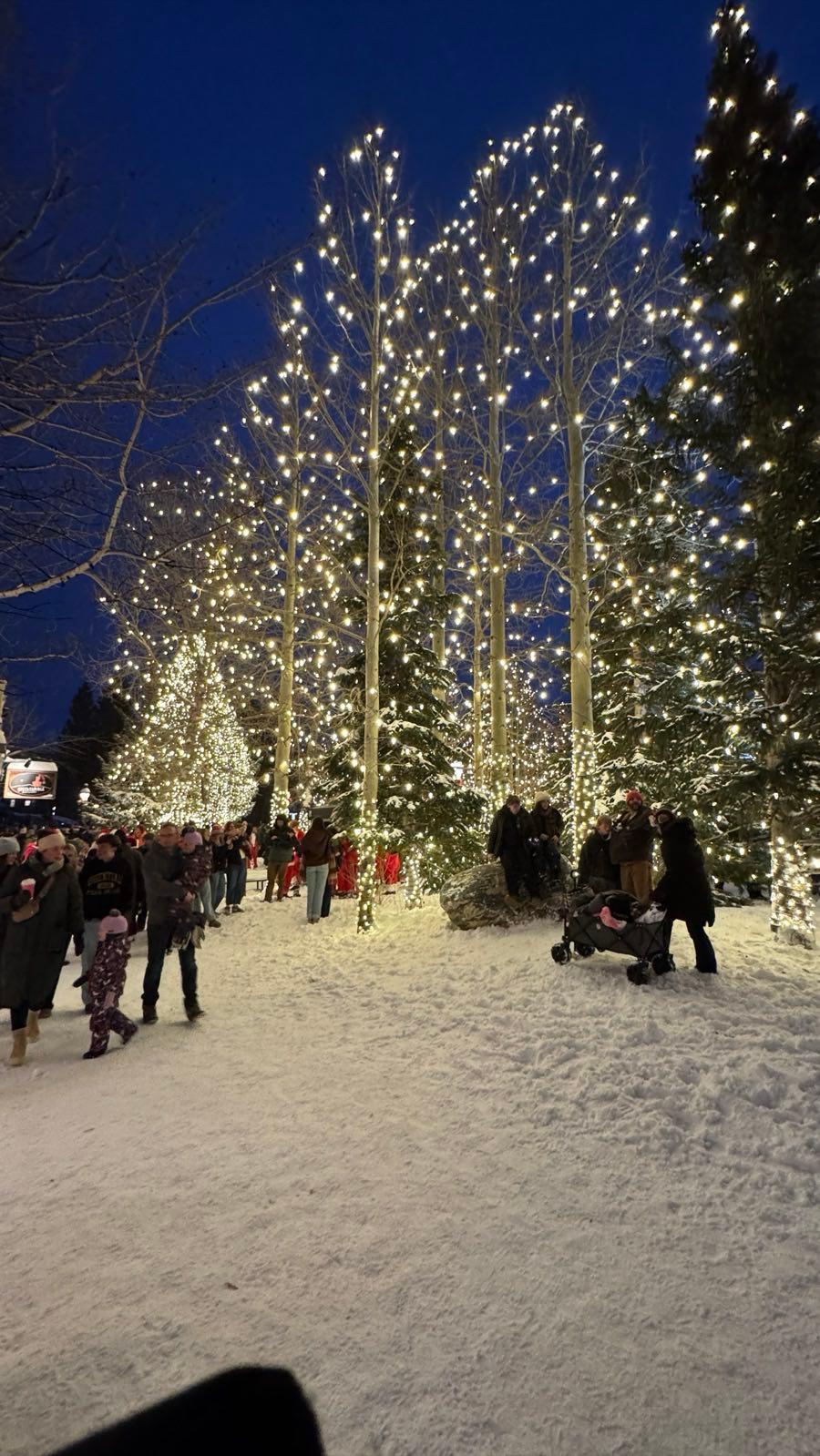 Winter lights beside Blue River Plaza in Breckenridge