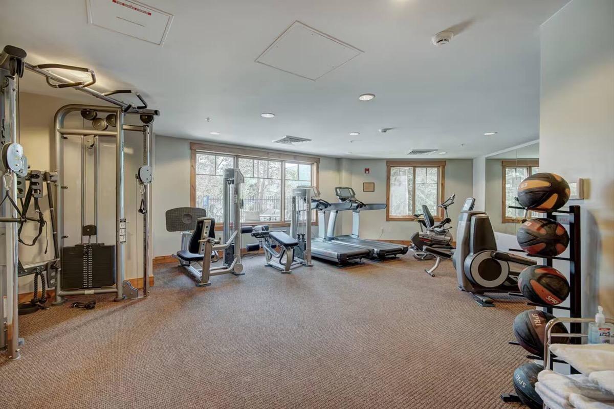 The fitness room at Mountain Thunder Lodge, with treadmills, cable machine and free weights