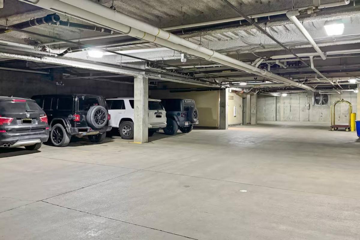 The underground parking garage beneath Mountain Thunder Lodge