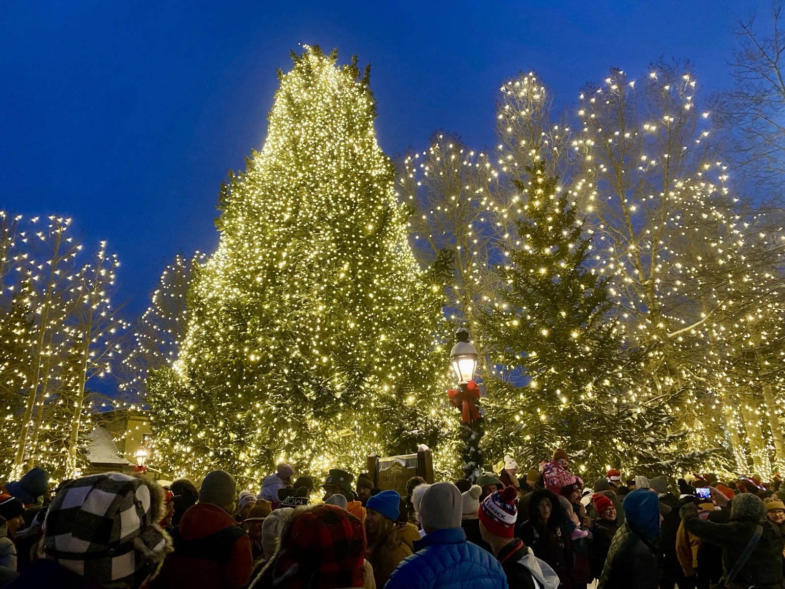 The town Christmas tree lit after dark at Blue River Plaza on Main Street, Breckenridge