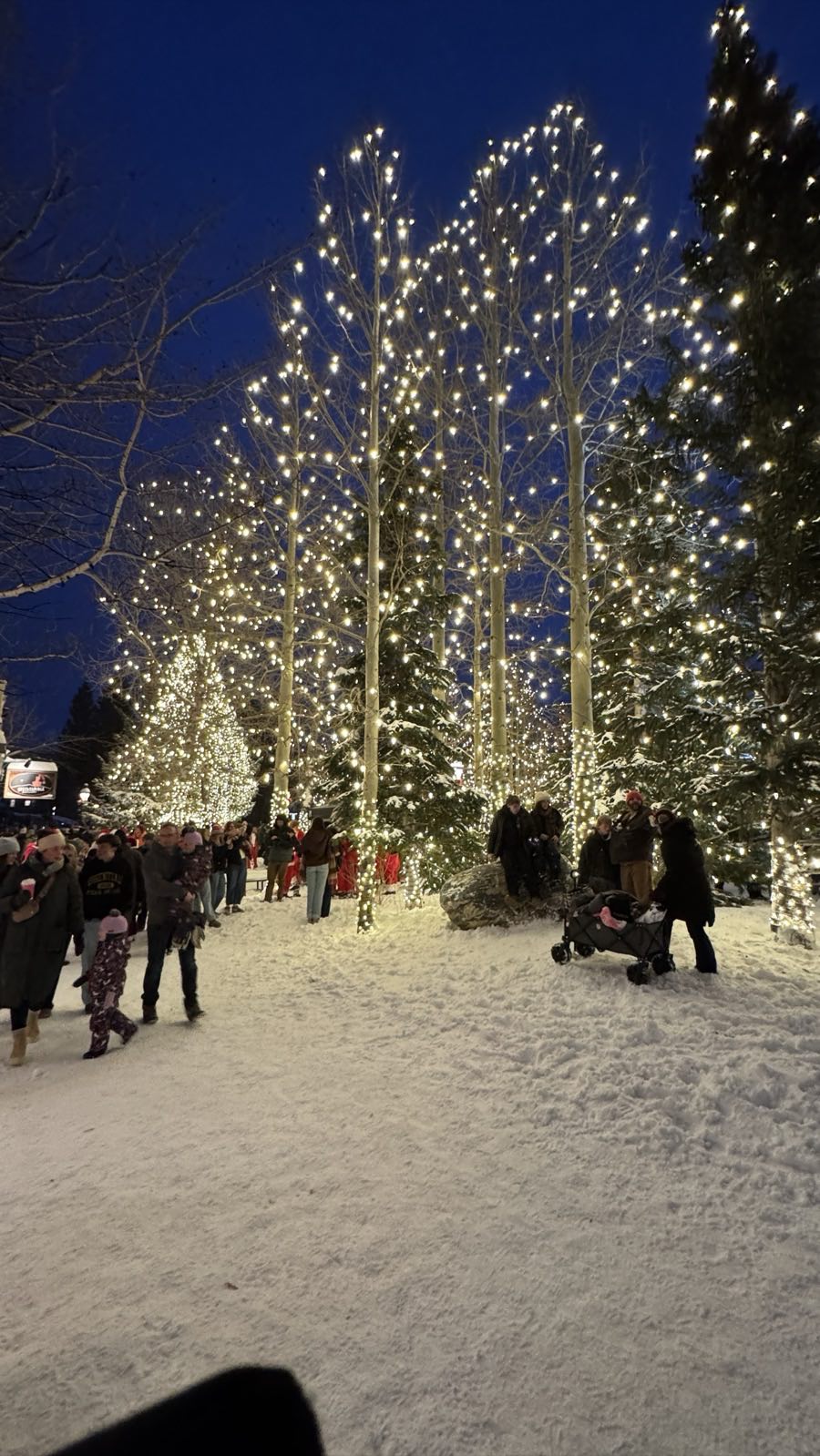 Families walking under lit aspens on Blue River Plaza after dark, with snow underfoot